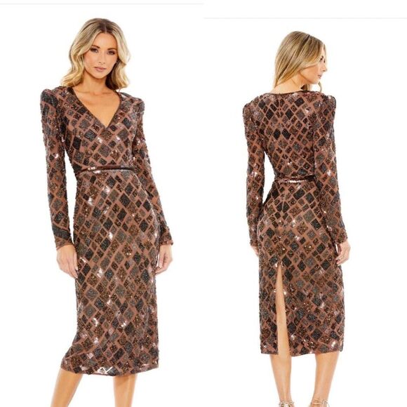 Mac Duggal Sz 4 Brown Chocolate Beaded Geometric Sheath Cocktail Evening Dress - Picture 1 of 12